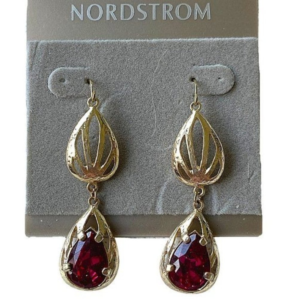 Nordstrom Stunning Silver & Red Crystal Drop Earrings | NEW on Card